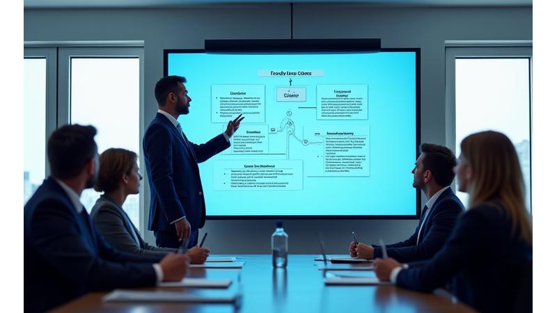 Dynamic image of a professional presenting to a group in a modern office, representing policy implementation and training support.