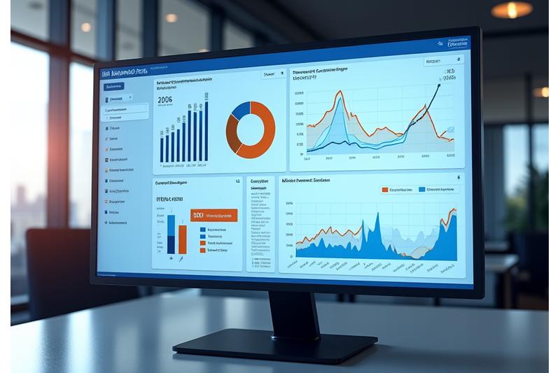 Modern HR analytics dashboard displaying key performance indicators (KPIs), trend lines, and data visualizations, illustrating data-driven insights.